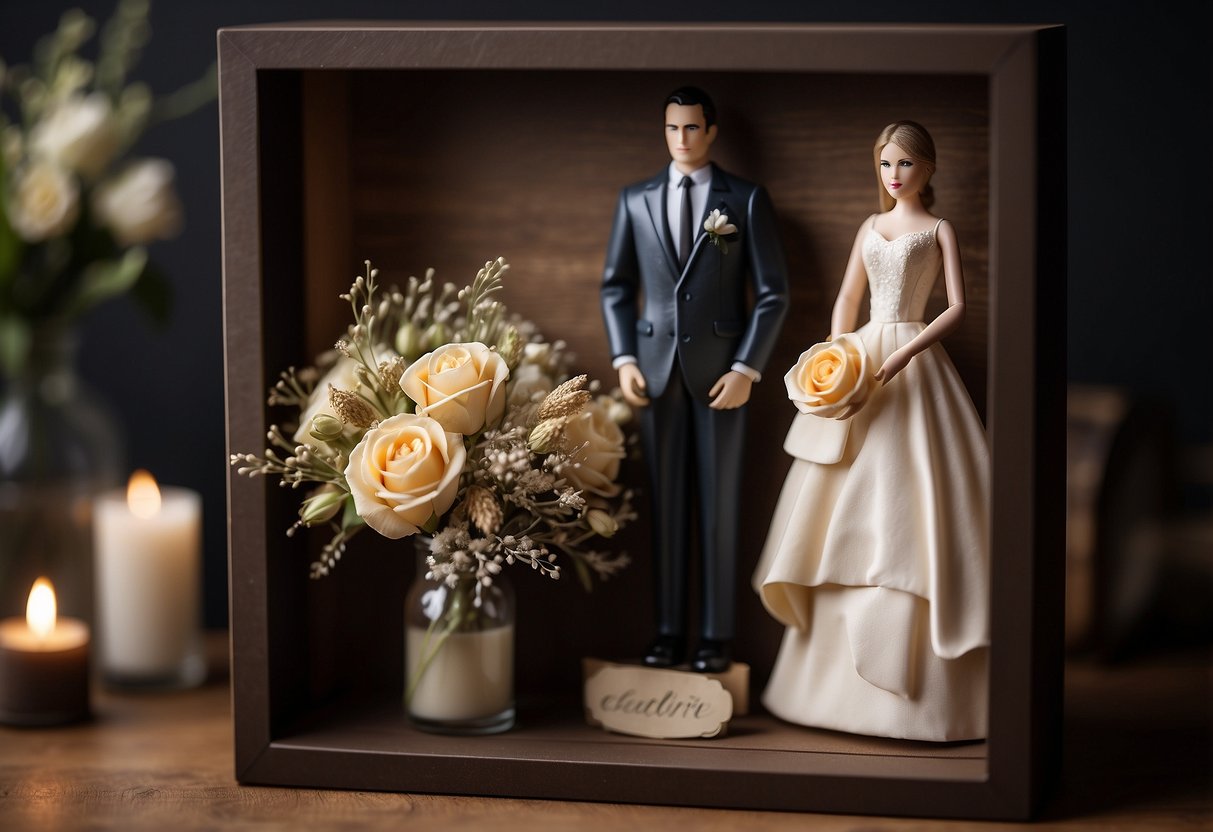 A shadow box filled with wedding memorabilia: invitation, dried flowers, rings, and a photo of the couple