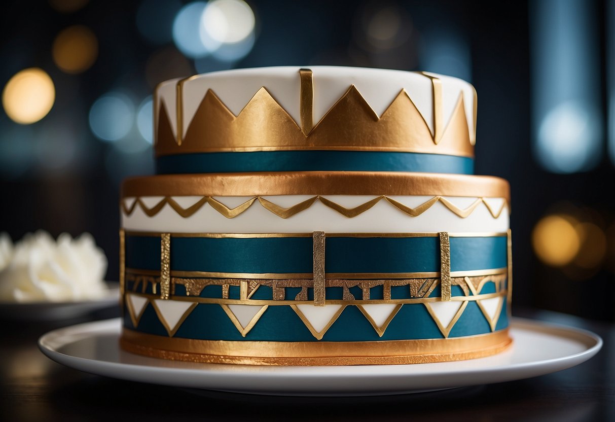 A tiered cake with geometric patterns and metallic accents, adorned with sleek lines and bold colors, evoking the elegance of Art Deco design