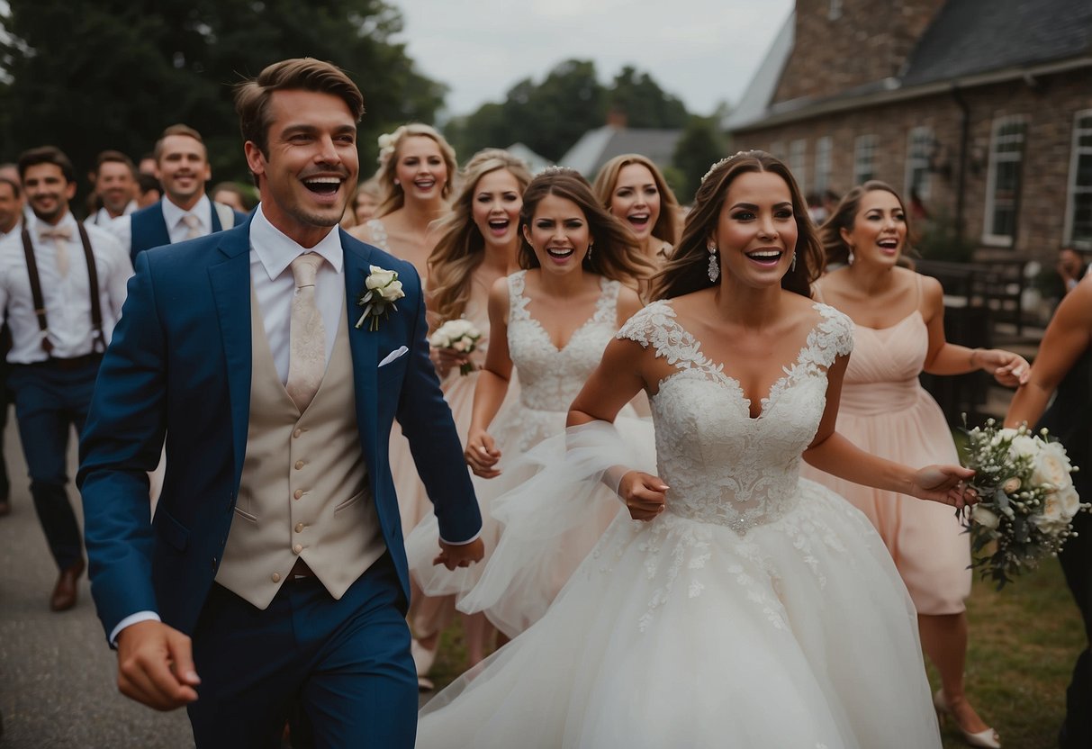 Bridal party marches to drum line beat, entering wedding venue with high energy and enthusiasm