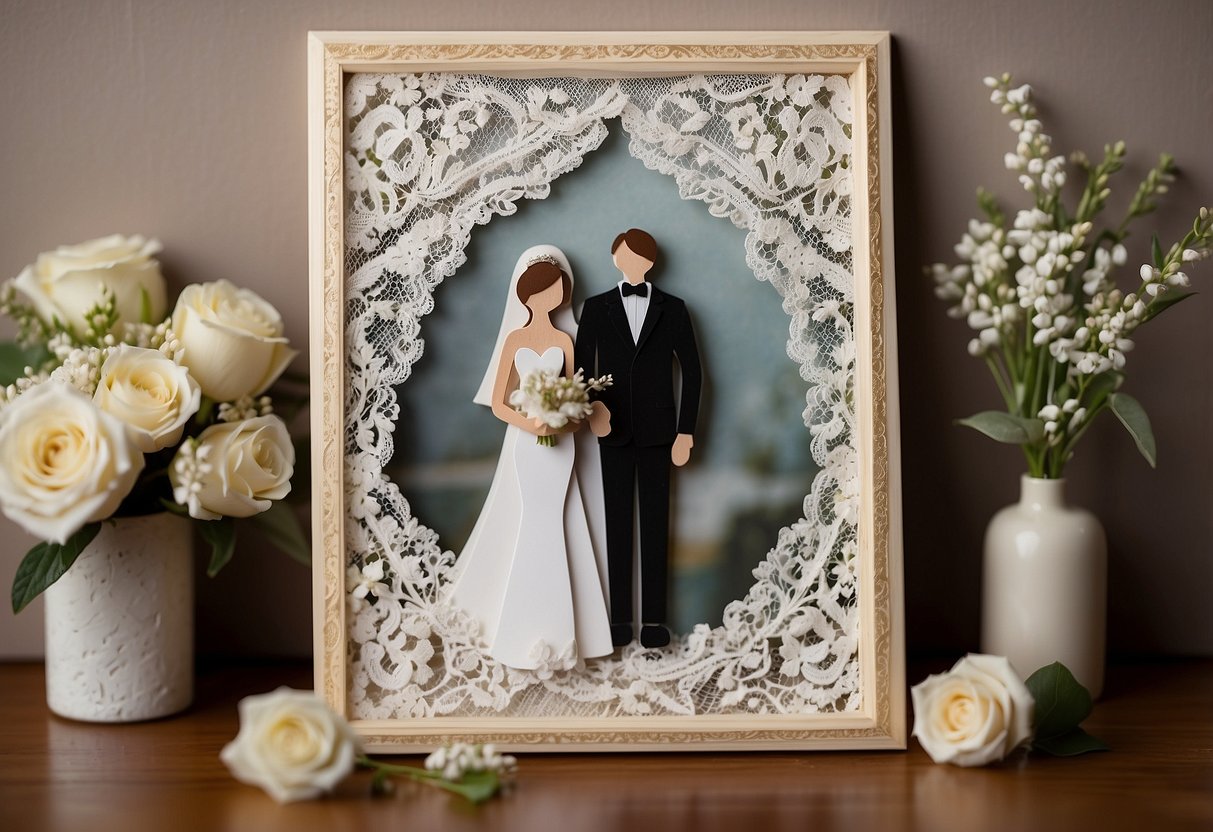 A shadow box with two vow cards, a bride's veil, and a groom's boutonniere arranged on a lace background