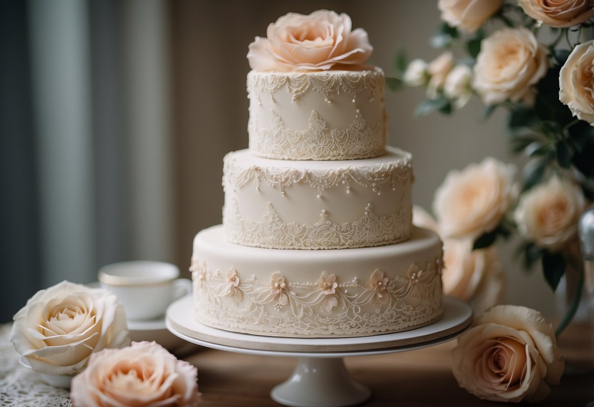 A tiered wedding cake adorned with vintage floral patterns and delicate lace details