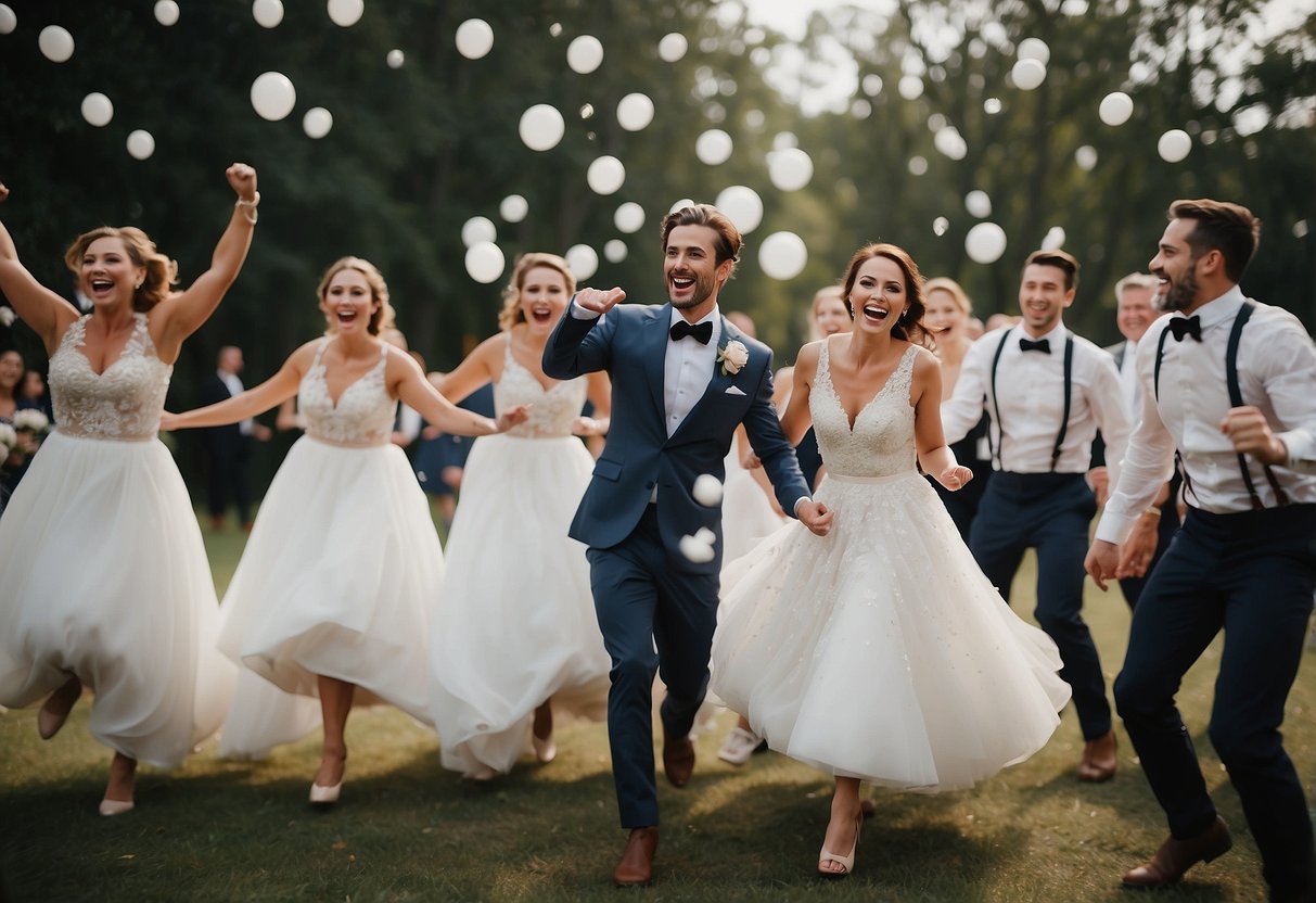 Bridal party cartwheels into wedding, forming a joyful and energetic entrance