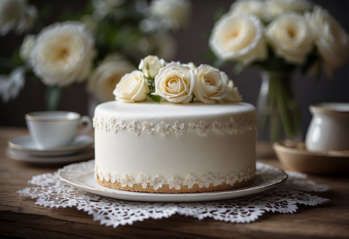 A simple, elegant white cake sits on a vintage table with delicate lace and floral accents