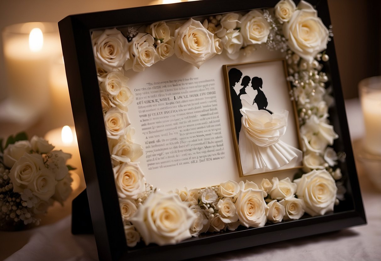 A couple's first dance, lyrics displayed in a shadow box, surrounded by elegant wedding decor