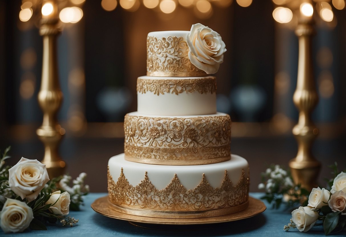 A three-tiered metallic cake adorned with intricate patterns and shimmering details, set against a vintage backdrop with elegant floral accents