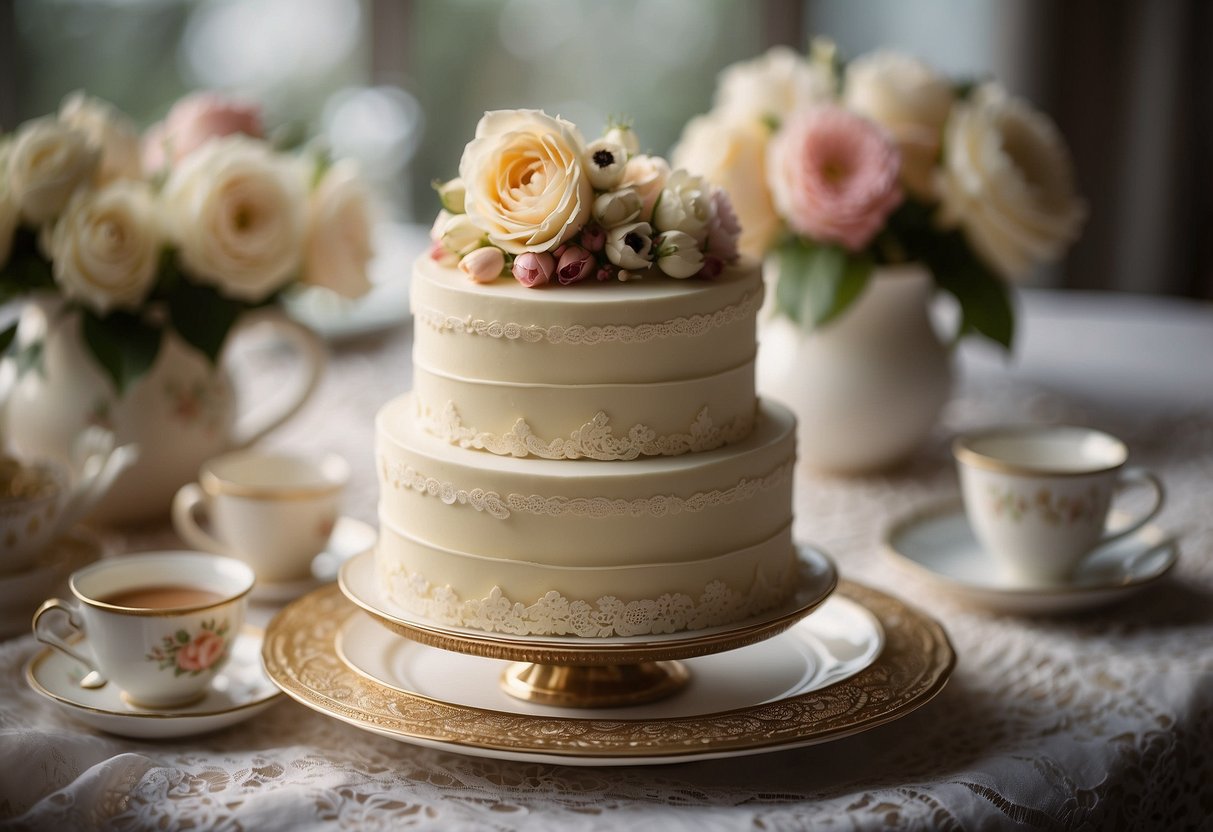 A three-tiered buttercream cake adorned with vintage floral decorations sits on a lace-covered table, surrounded by antique teacups and delicate doilies