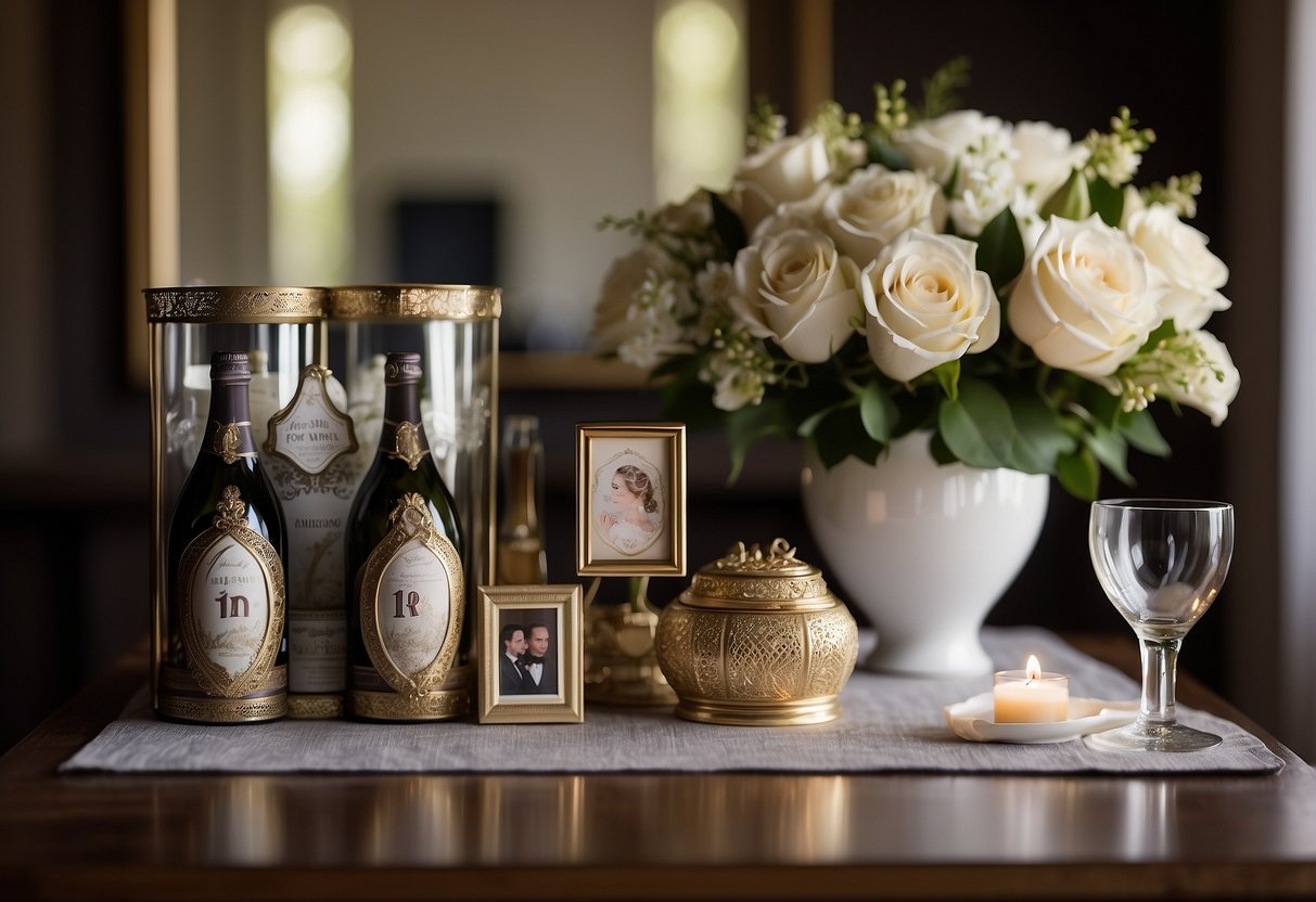 A shadow box filled with wedding mementos sits on a mantel, including a bouquet, invitation, and a pair of champagne glasses