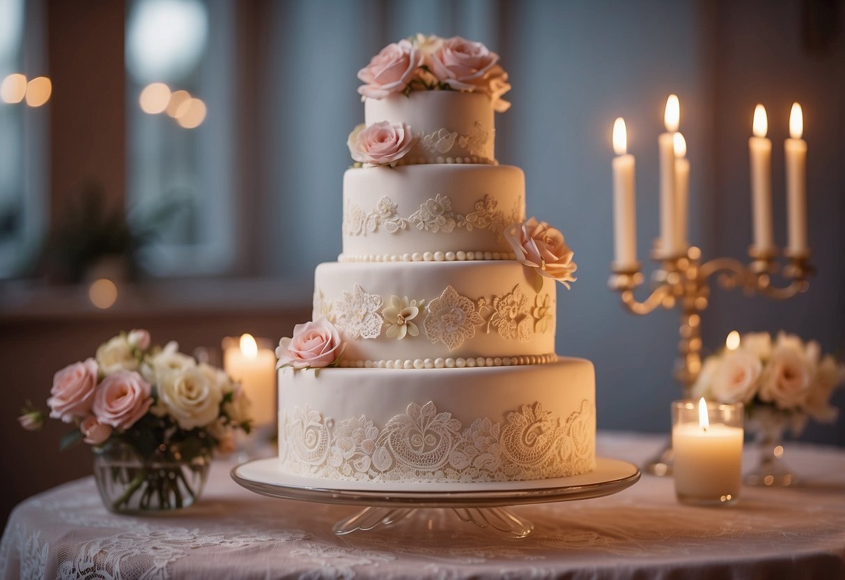 A three-tiered pastel cake adorned with delicate flowers and vintage lace, set against a romantic backdrop of soft candlelight and lace tablecloth