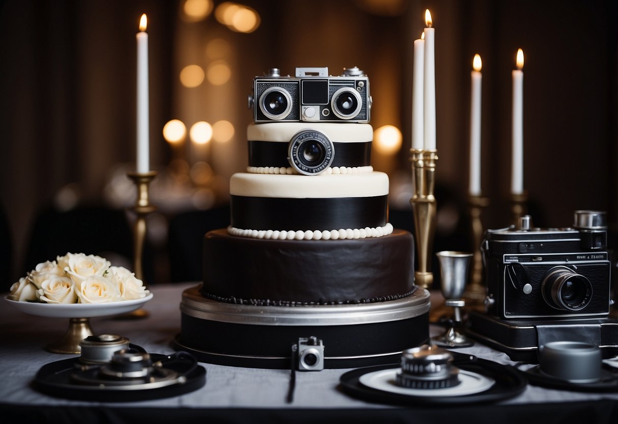 A tiered wedding cake with 1940s Hollywood theme, adorned with vintage film reels, old-fashioned cameras, and elegant black and white color scheme