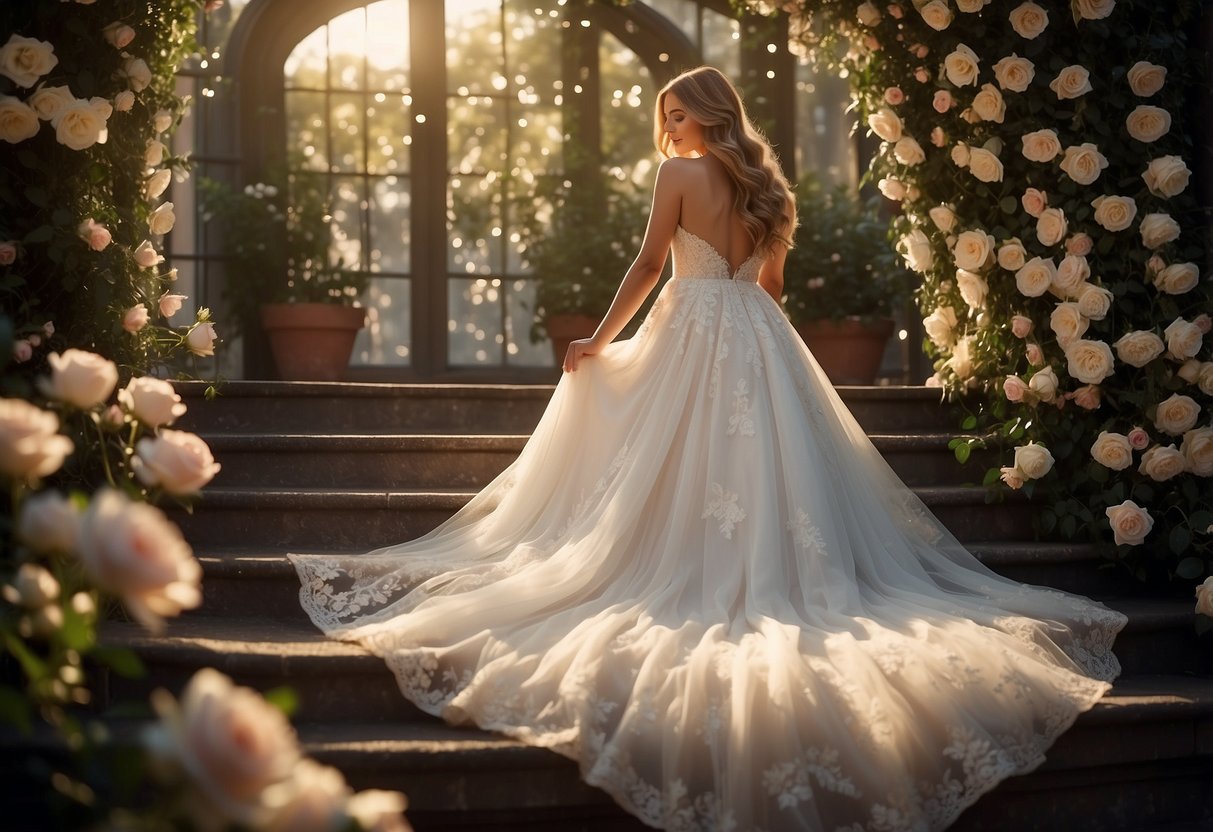 A flowing white gown with delicate lace details, a sweetheart neckline, and a cascading train, set against a backdrop of blooming garden roses and twinkling fairy lights