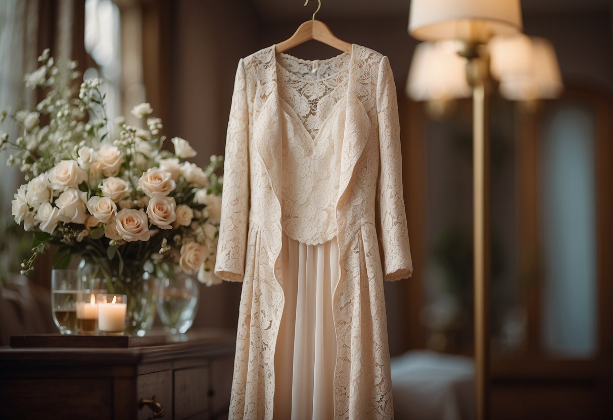 A lace tea-length dress hangs on a vintage coat rack, surrounded by delicate floral bouquets and dainty pearl accessories