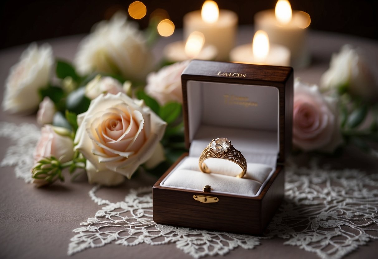 A wooden ring box with intricate engravings sits on a lace-covered table, surrounded by soft candlelight and delicate flower petals