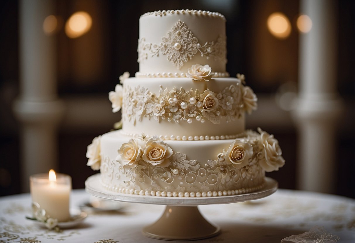 A tiered wedding cake adorned with lace, pearls, and delicate flowers. Vintage details include ornate piping and intricate sugar decorations