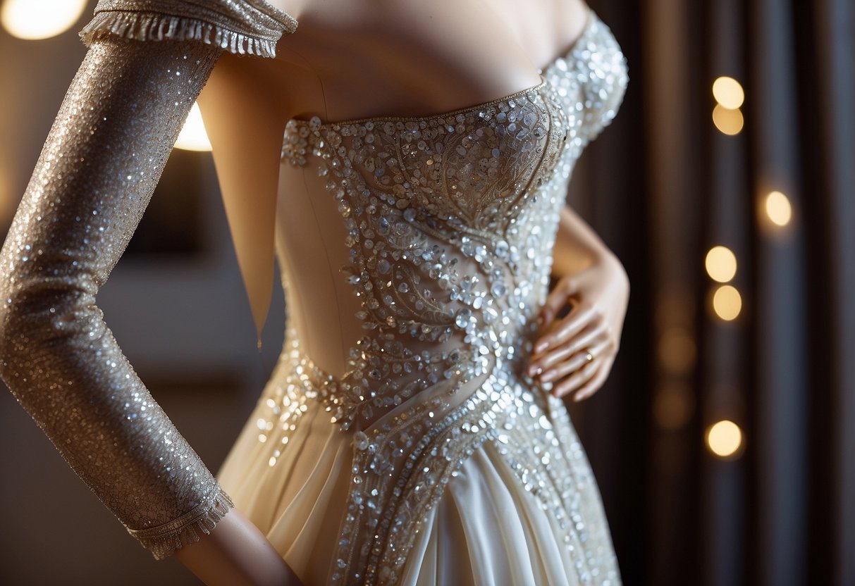 A sleek, off-the-shoulder mermaid gown drapes elegantly on a mannequin, with intricate lace and shimmering sequins catching the light