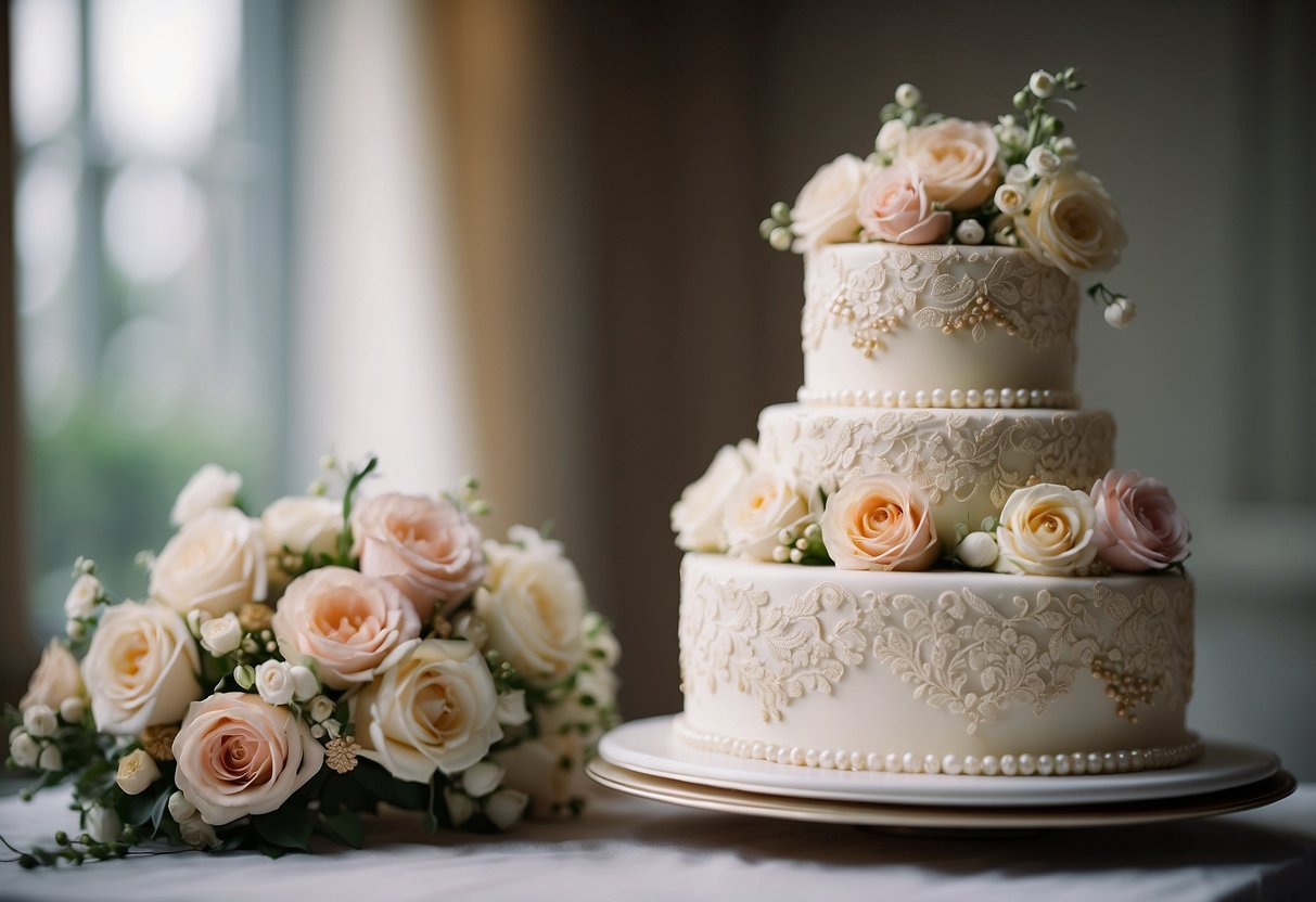 A tiered wedding cake adorned with vintage lace, pearls, and floral accents. Delicate pastel colors and intricate details evoke a romantic and timeless aesthetic