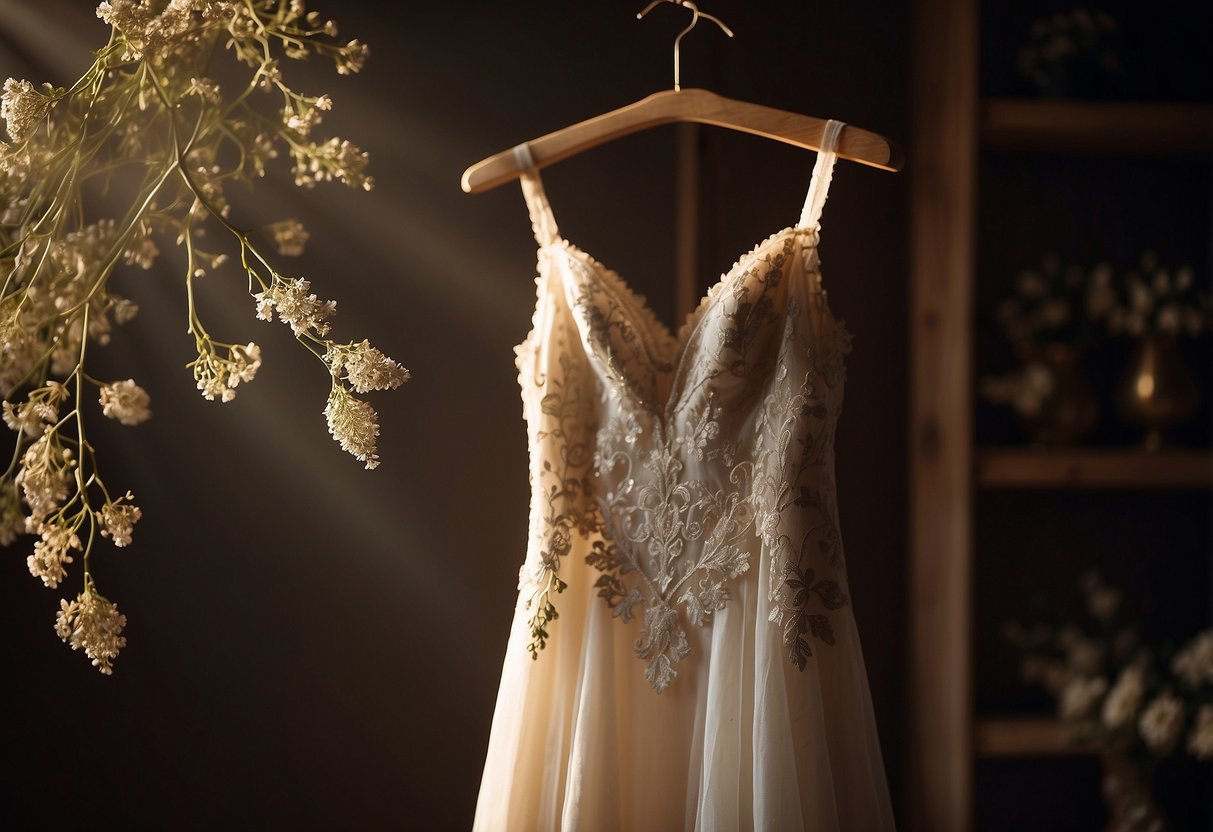 A wedding gown draped over a vintage wooden hanger, surrounded by delicate lace and dried flowers, with a soft spotlight shining down from above