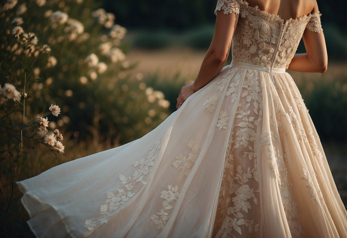 A flowing, off-the-shoulder gown with intricate lace details and a relaxed, bohemian vibe. The dress is adorned with delicate floral appliques and features a romantic, ethereal silhouette