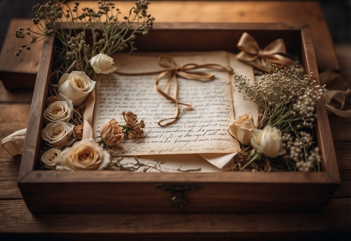 A wooden shadow box filled with handwritten love letters, tied with delicate ribbons and adorned with dried flowers and vintage stamps