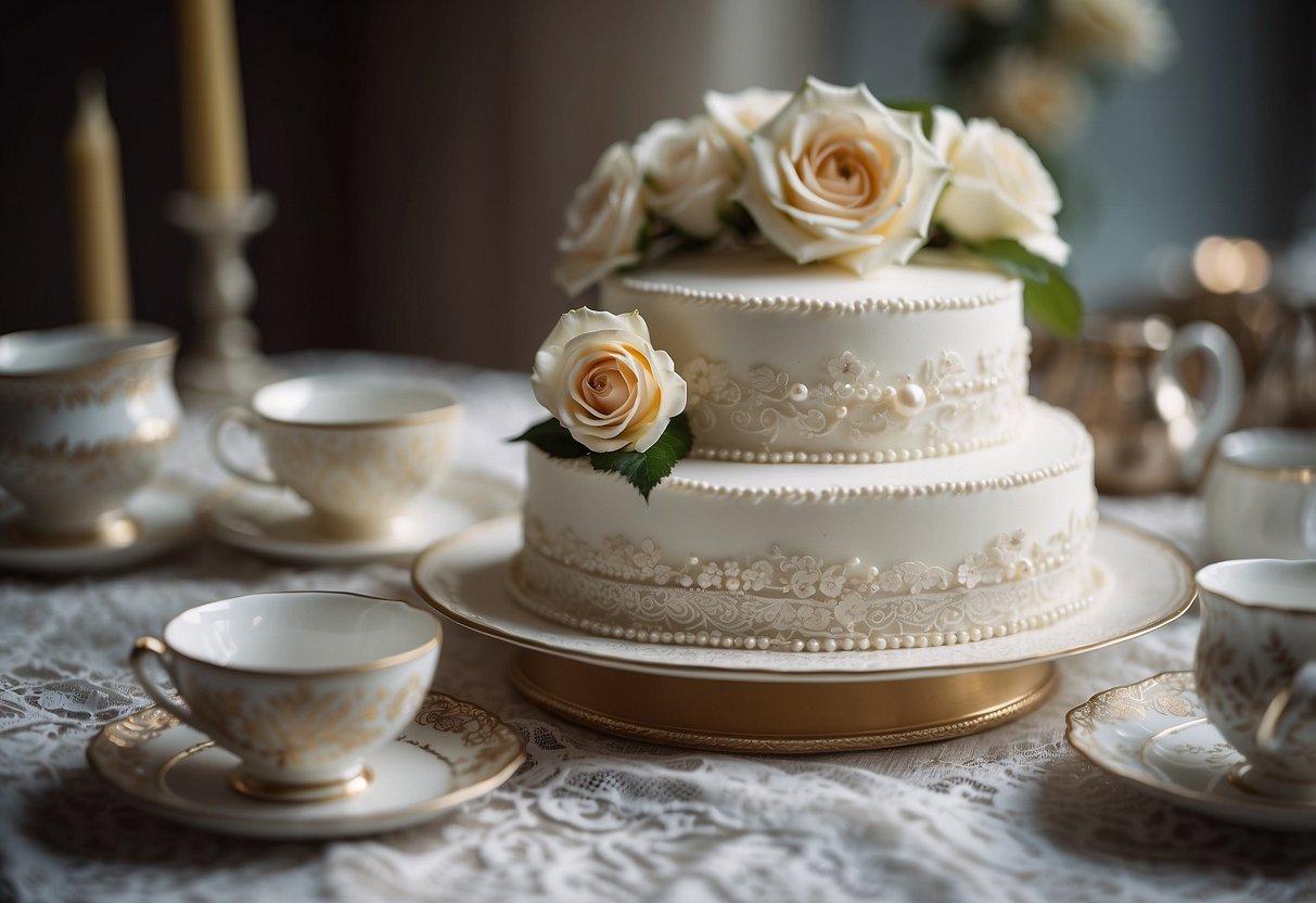 A tiered vintage wedding cake adorned with lace, pearls, and delicate flowers sits on a lace tablecloth surrounded by antique silver cake stands and vintage tea cups