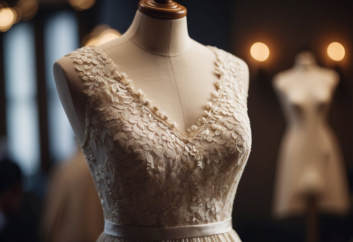 A vintage-inspired mini dress hangs on a mannequin, adorned with lace and delicate embroidery. The dress exudes a timeless elegance, perfect for a second wedding