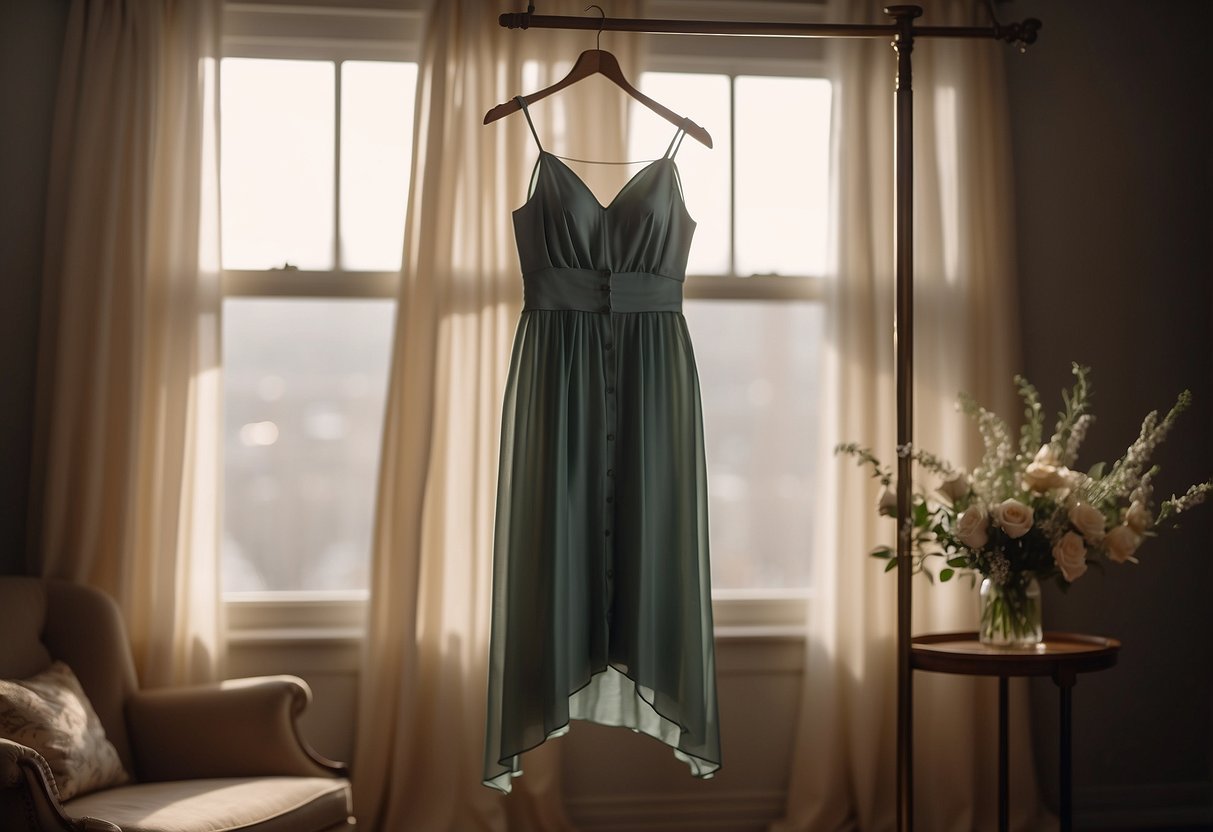 An elegant slip dress hangs on a vintage coat rack, bathed in soft, romantic lighting. The delicate fabric drapes gracefully, exuding timeless beauty