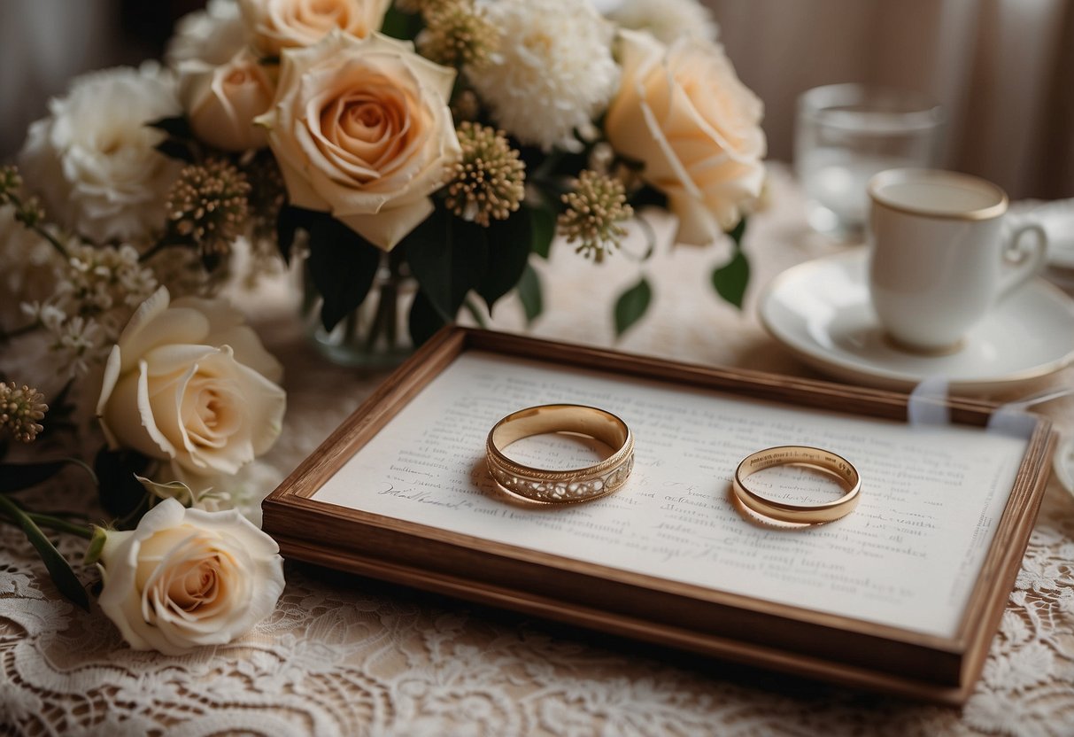 A table with a lace tablecloth, vintage photo frames, and floral arrangements. A pair of wedding rings and a guest book on the table