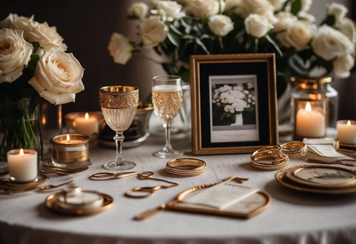 A table with wedding memorabilia: invitation, photos, flowers, and rings. Scissors, glue, and a shadow box frame are nearby