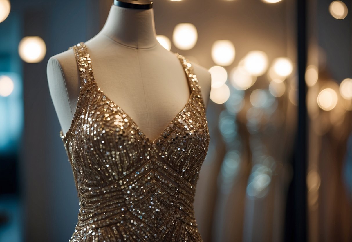 A sparkly sequin dress hangs on a luxurious hanger, catching the light and shimmering in a opulent dressing room