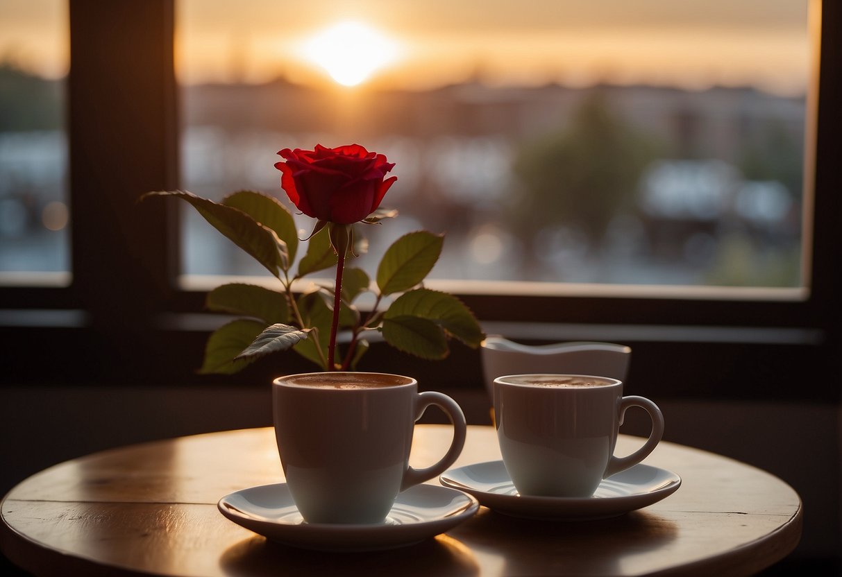 A cozy cafe table with two empty coffee cups, a single red rose, and a handwritten note. A sunset casts a warm glow through the window