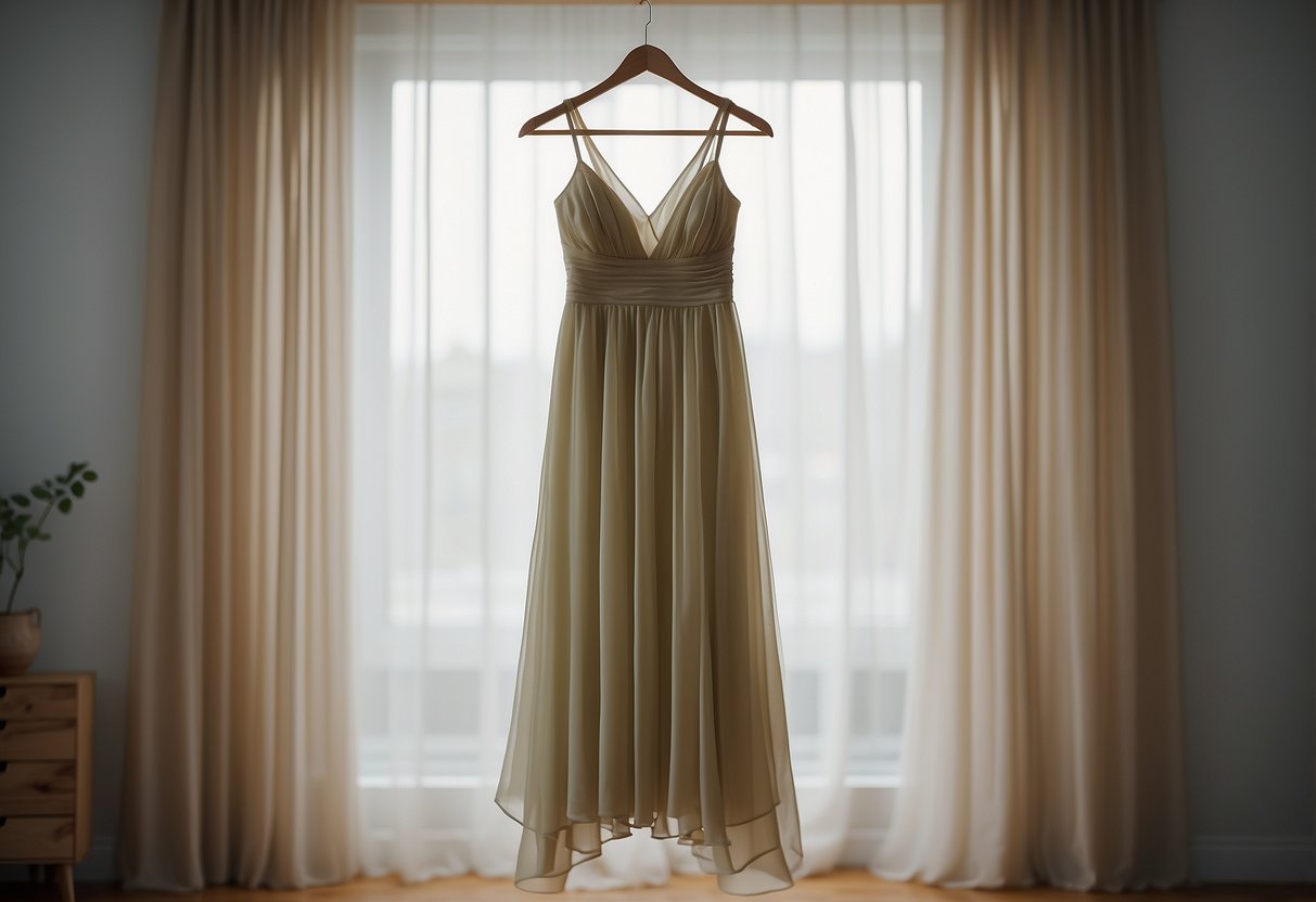 A flowy chiffon dress hangs on a hanger, soft fabric draping gracefully. Light filters through the delicate material, creating a dreamy, ethereal effect