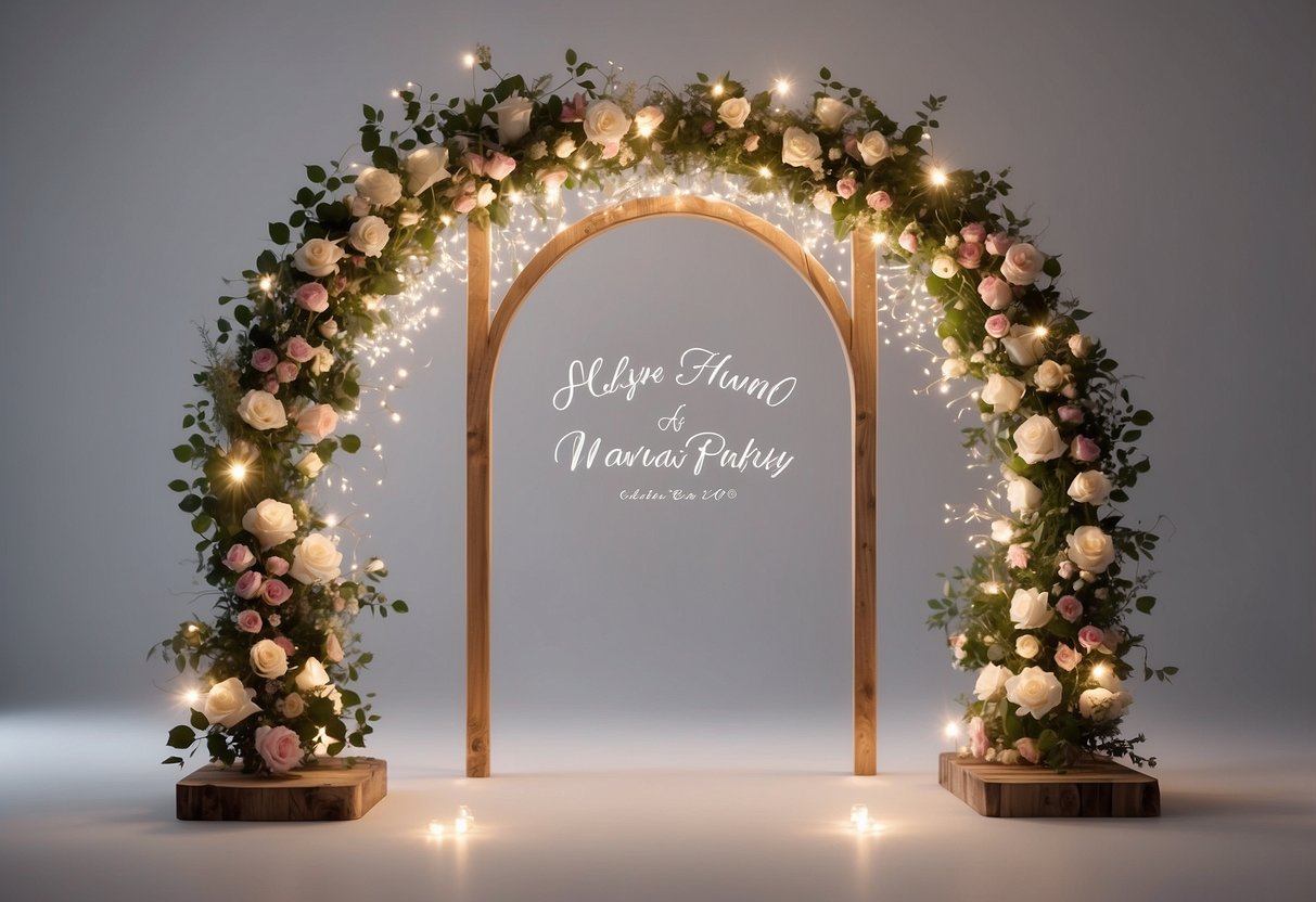 A floral arch frames a rustic wooden sign with "Wedding Invitation" written in elegant calligraphy. A scattering of rose petals and twinkling fairy lights add a romantic touch to the scene