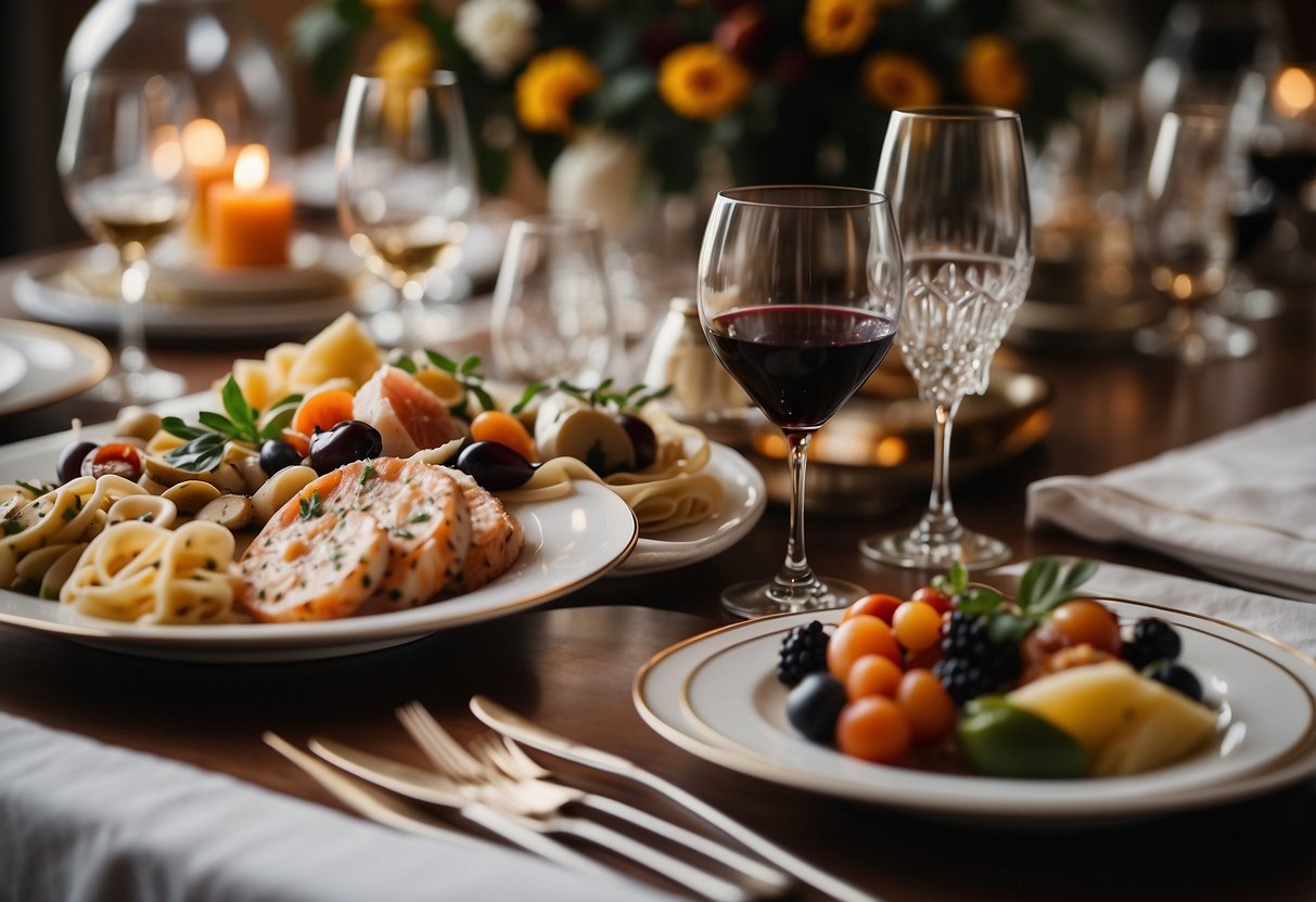 A table adorned with classic Italian wedding dishes, including antipasti, pasta, seafood, and decadent desserts. Wine glasses and candles add a romantic touch to the elegant setting