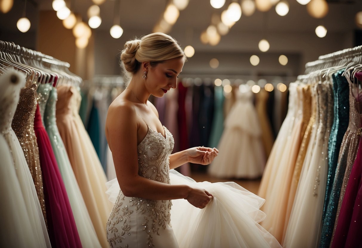 A bride-to-be browsing through racks of wedding dresses, surrounded by colorful fabrics and sparkling embellishments. Mirrors reflect her excitement as she imagines herself in each gown