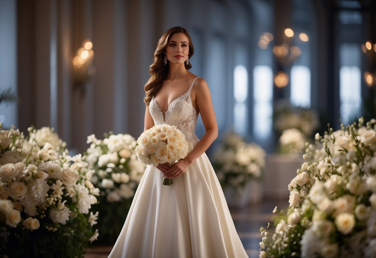 A bride in a classic A-line gown, surrounded by elegant floral arrangements and soft lighting, radiating a sense of timeless sophistication and beauty