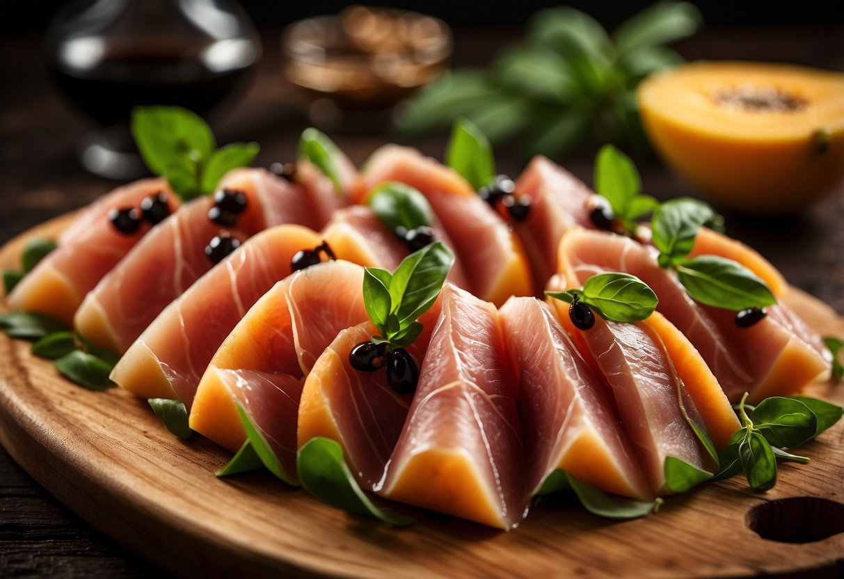 A platter of prosciutto-wrapped melon slices arranged on a rustic wooden board, garnished with fresh basil leaves and drizzled with balsamic glaze