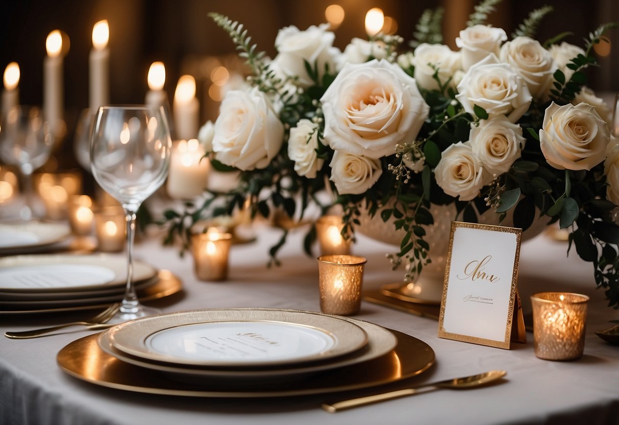 A table set with elegant place cards, floral centerpieces, and delicate china, surrounded by flickering candles and soft ambient lighting