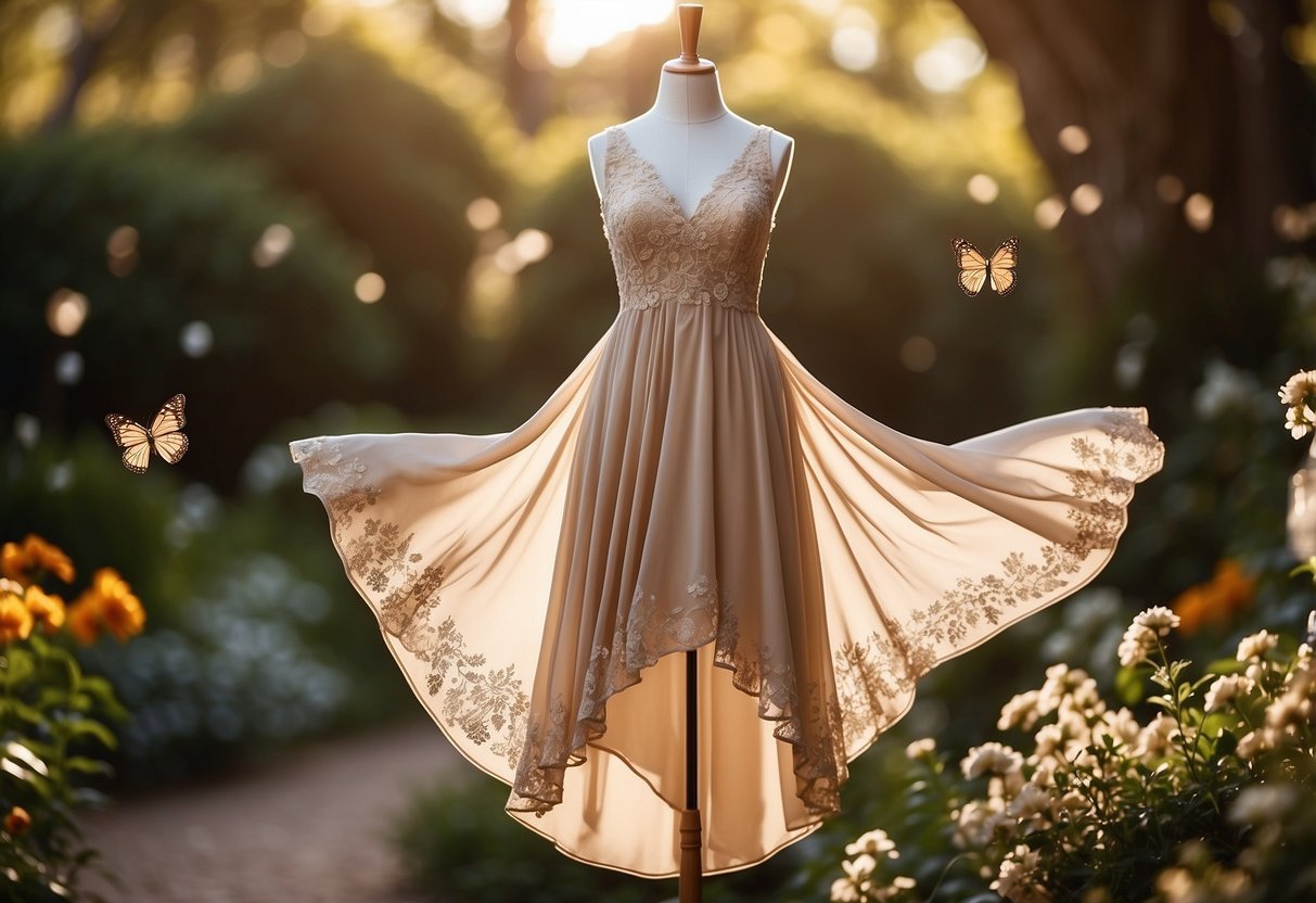 A flowing high-low hem dress with delicate lace details, set against a backdrop of a sunlit garden with blooming flowers and fluttering butterflies