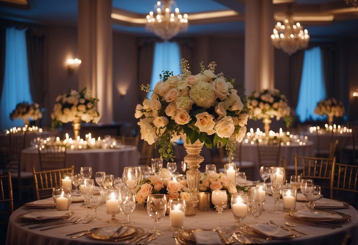 A grand ballroom with elegant floral centerpieces, soft candlelight, and draped fabric creating a romantic atmosphere