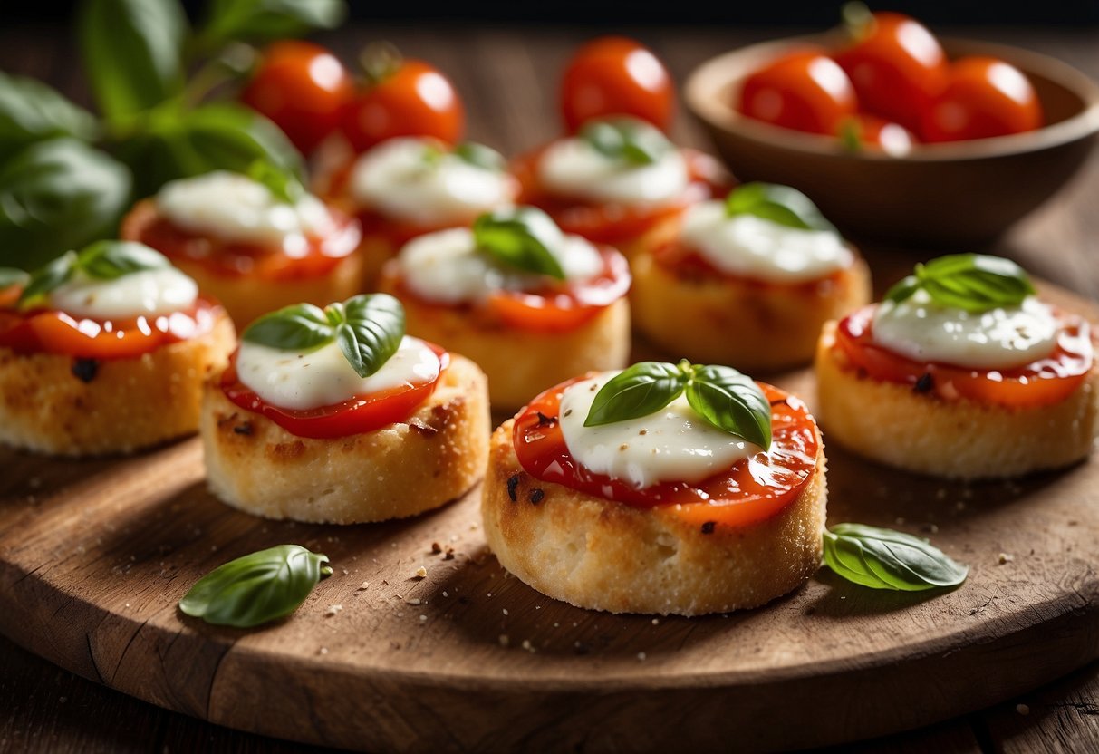 A platter of Margherita Pizza Bites on a rustic wooden board, surrounded by fresh basil leaves and cherry tomatoes, with a drizzle of olive oil