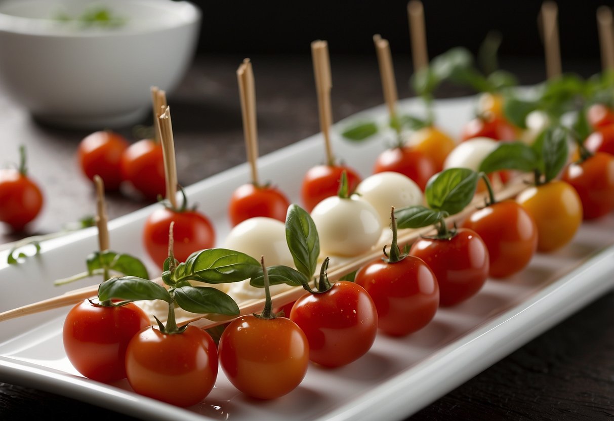 Fresh cherry tomatoes, mozzarella balls, and basil leaves skewered on toothpicks, drizzled with balsamic glaze on a white serving platter