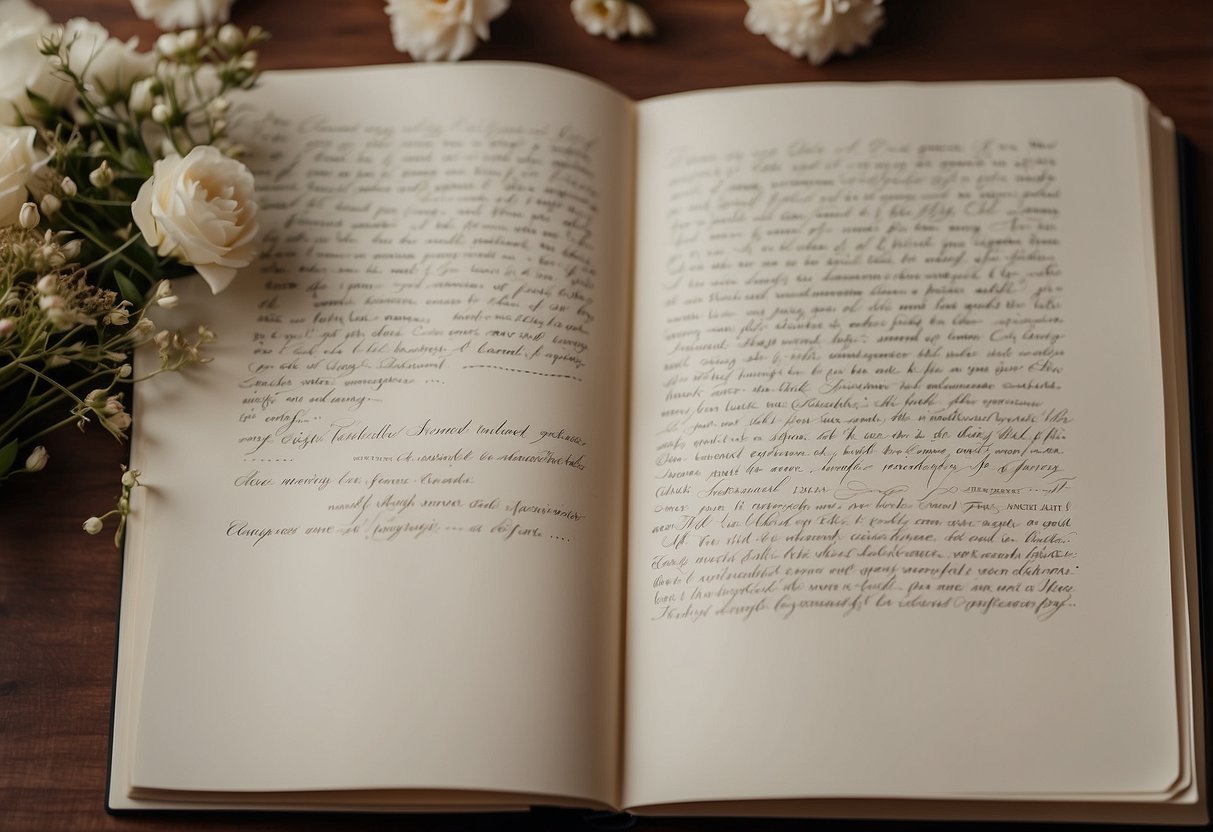 Various handwritten notes and well wishes fill the pages of a wedding scrapbook. Delicate flowers and elegant script adorn the margins, creating a beautiful keepsake for the newlyweds