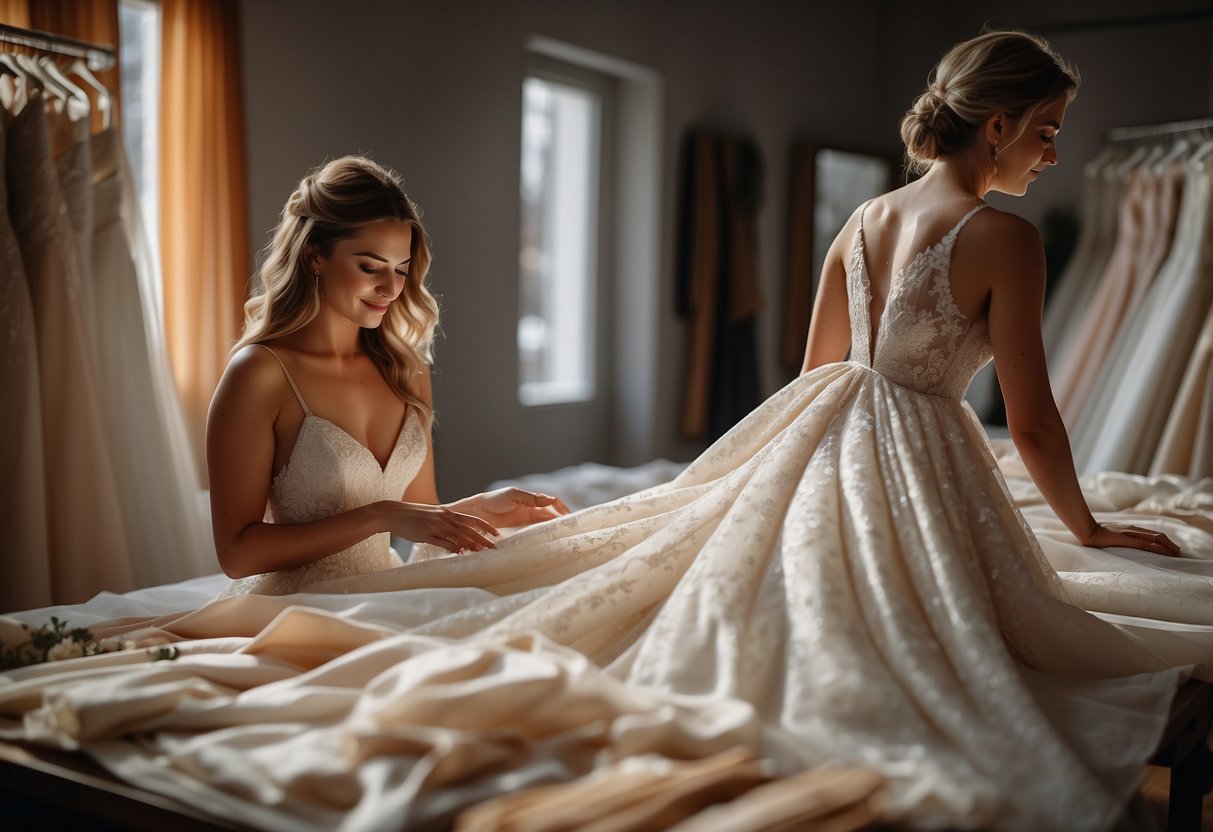 A bride browsing through a variety of wedding dress designs, surrounded by mood boards and fabric swatches