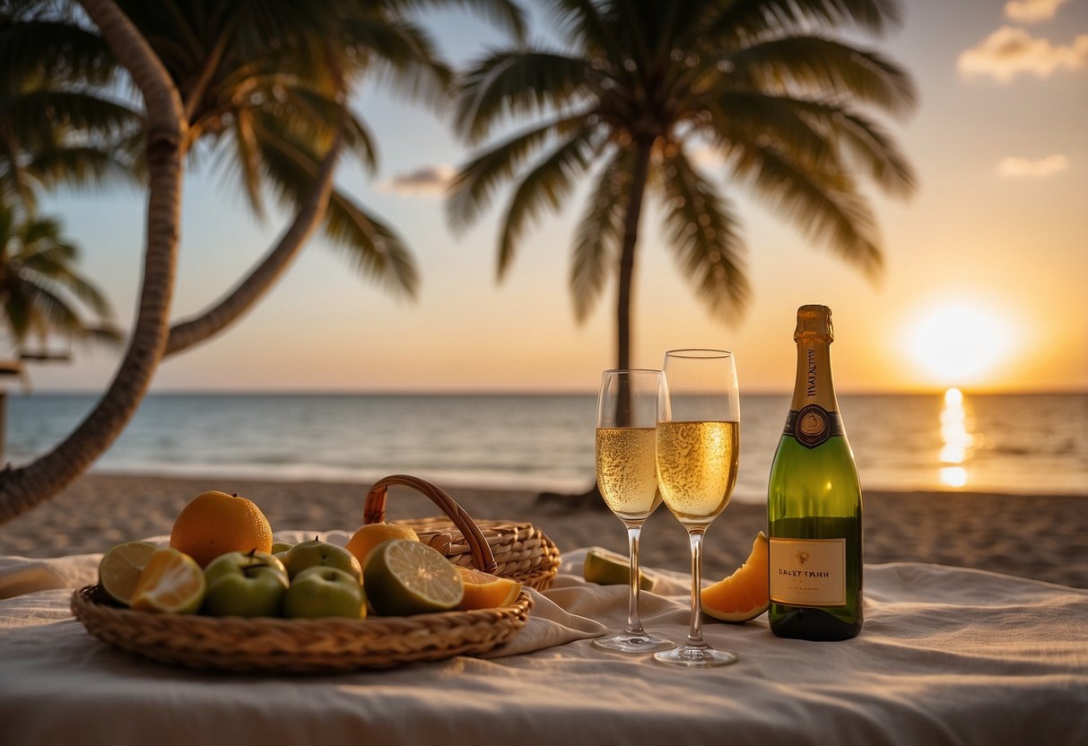 A beachfront picnic with a sunset backdrop, a hammock strung between two palm trees, and a table set with champagne and tropical fruits