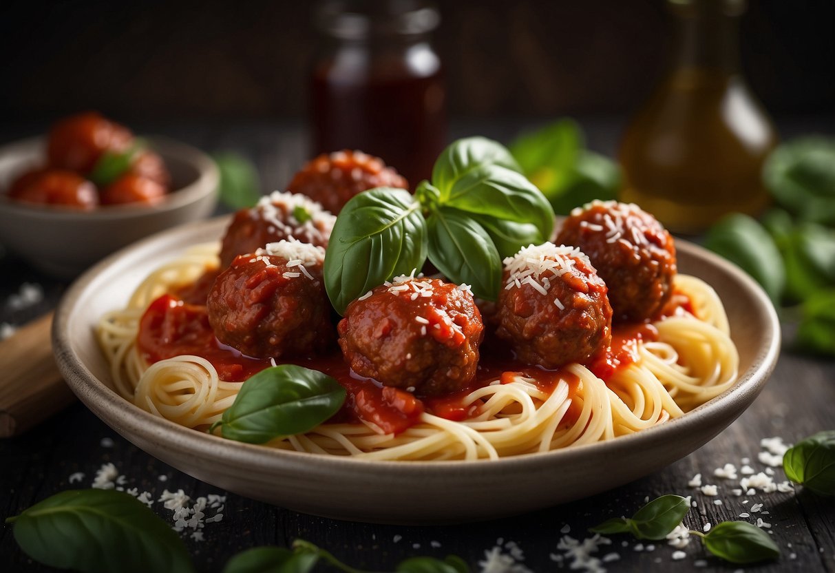 Mini meatballs simmer in rich marinara sauce, surrounded by fresh basil leaves and sprinkled with grated parmesan cheese