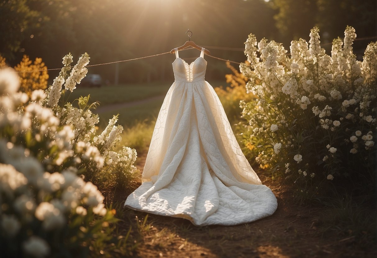 A wedding dress quilt hangs on a rustic wooden fence, surrounded by blooming flowers and soft morning light