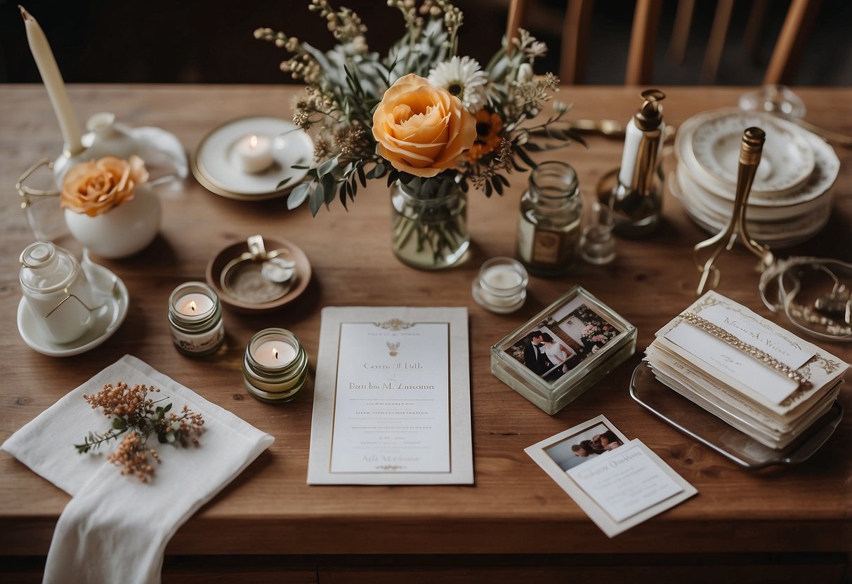 A table with various wedding memorabilia laid out, including photos, invitations, and dried flowers. A pair of scissors and glue stick sit nearby for crafting