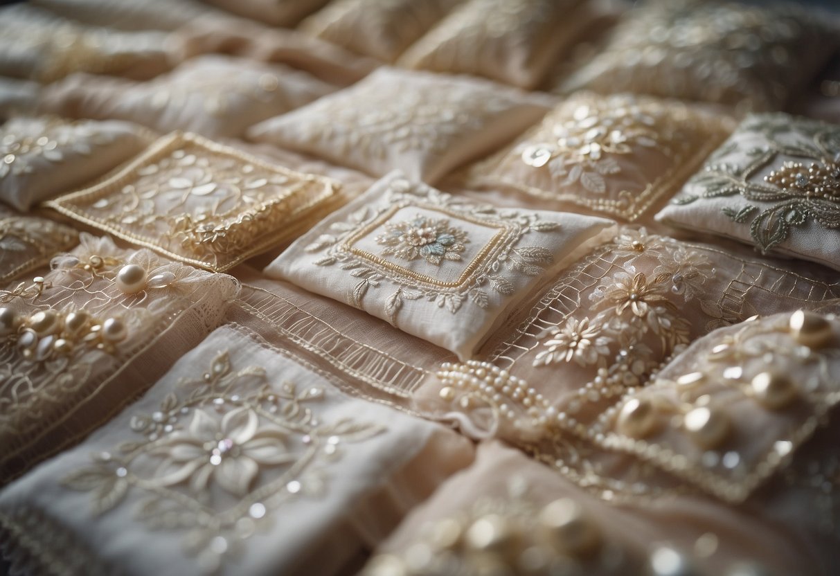 A collection of wedding dress fabric squares arranged in a patchwork pattern, with lace, beads, and embroidery details