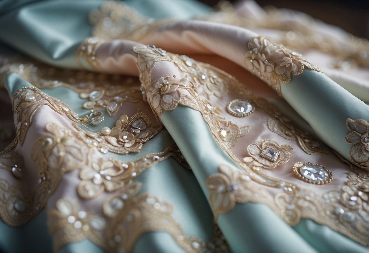 A wedding dress quilt with squares of lace, silk, and satin in soft pastel colors, adorned with delicate beading and embroidery