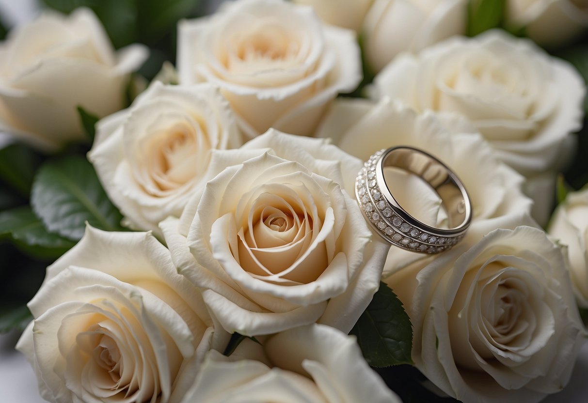 A wedding ring nestled in a bed of delicate white roses, symbolizing eternal love and commitment