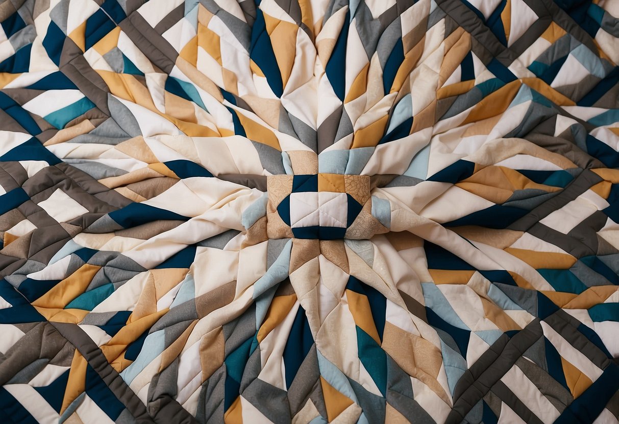 A geometric wedding dress quilt with bold, modern patterns and clean lines